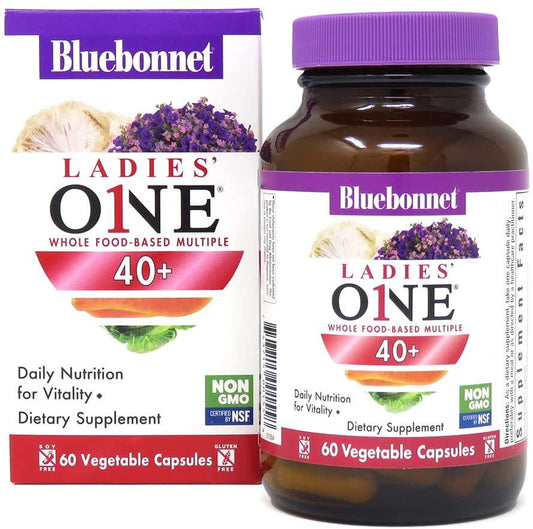 Bluebonnet Nutrition Ladies’ ONE 40+ Whole Food-Based Multiple, Women Multivitamin for Women 40+, Soy-Free, Non-GMO, Gluten Free, 60 Vegetable Capsules, 60 Servings