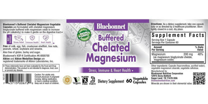 Bluebonnet Nutrition Albion Buffered Chelated Magnesium 200 mg, Magnesium Oxide, Stress Relief, Vegan, Non GMO, Gluten Free, Soy Free, Milk Free, Kosher, 60 Vegetable Capsules, 1 Month Supply