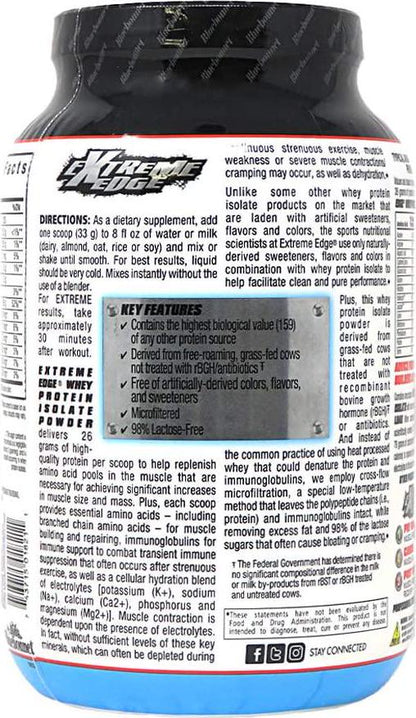 Bluebonnet Nutrition Extreme Edge Whey Protein Isolate Powder, Grass Fed Cows, 26 Grams of Protein, No Sugar Added, Non GMO, Gluten Free, Soy Free, Kosher Dairy, 2 lb, 30 Servings, Vanilla Flavor