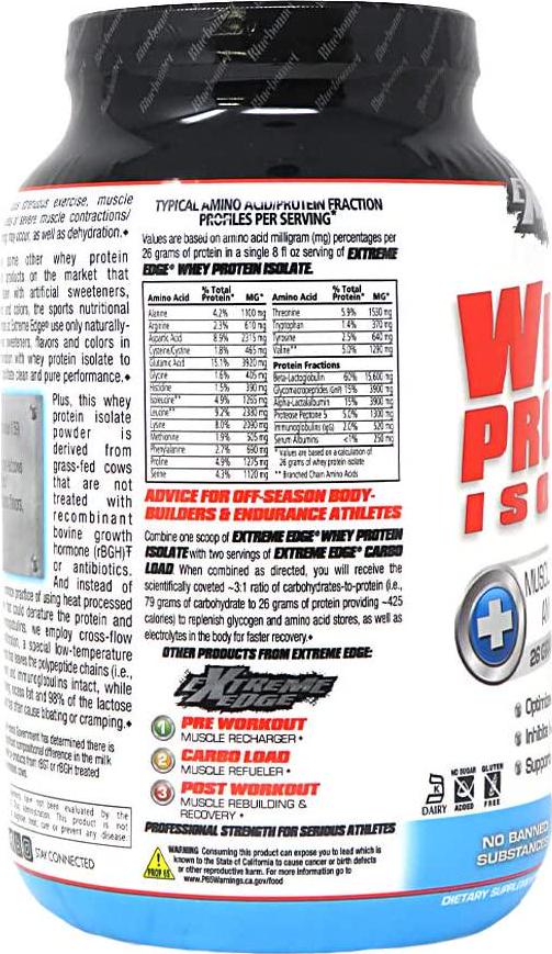 Bluebonnet Nutrition Extreme Edge Whey Protein Isolate Powder, Grass Fed Cows, 26 Grams of Protein, No Sugar Added, Non GMO, Gluten Free, Soy Free, Kosher Dairy, 2 lb, 30 Servings, Vanilla Flavor