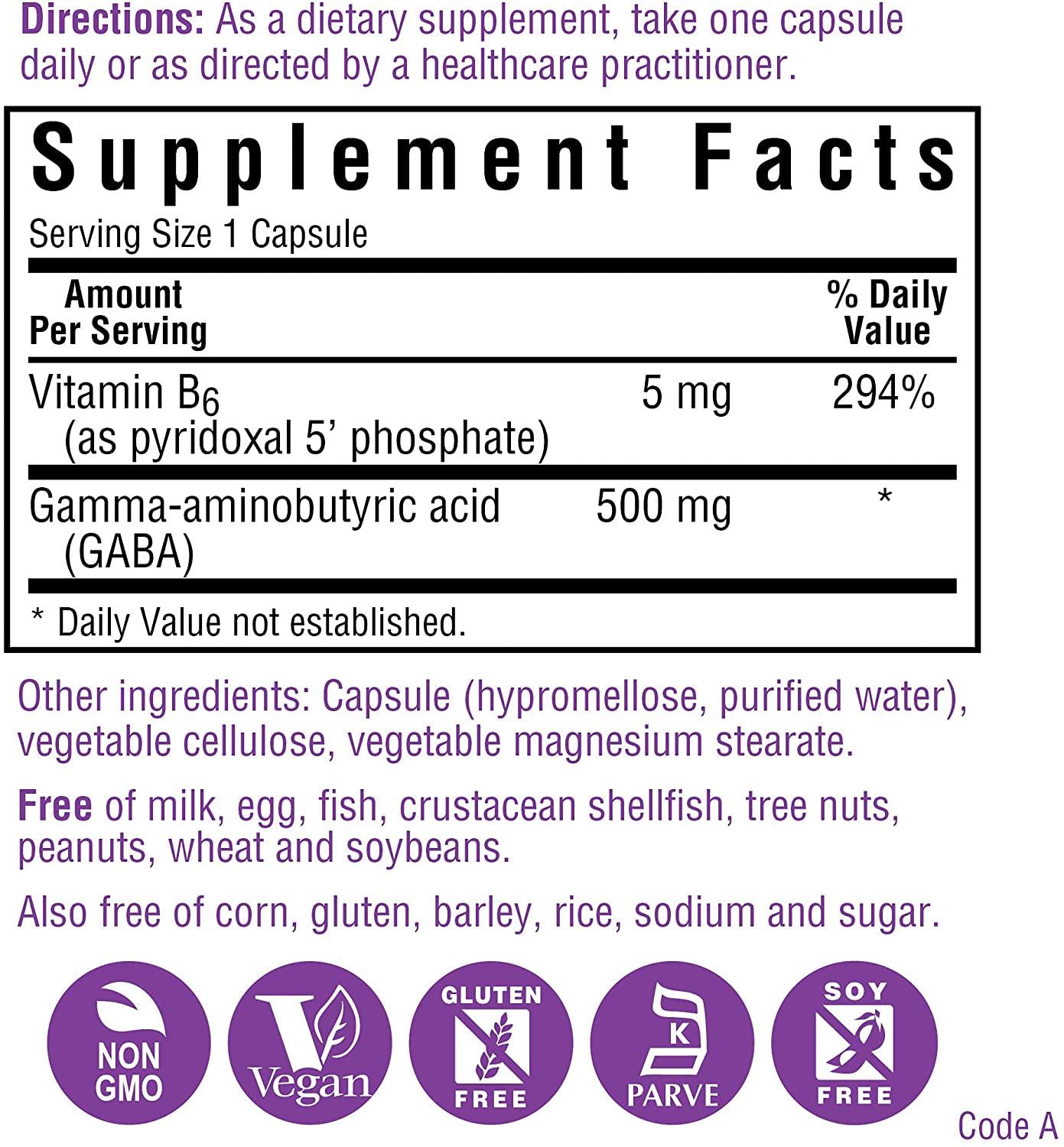 Bluebonnet Nutrition GABA 500mg, for Stress Relief*, Supports Relaxation*, Kosher, Vegan, Gluten-Free, Soy-Free, Non-GMO, 120 Count, 120 Servings