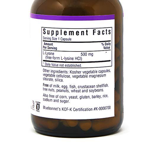 Bluebonnet Nutrition L-Lysine 500mg, for Healthy Immune Function, Supports Collagen Synthesis, Soy-Free, Gluten-Free, Non-GMO, Kosher Certified, Vegan, 100 Capsules