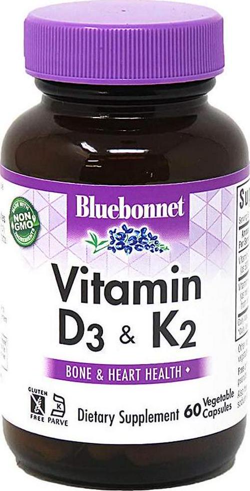 Bluebonnet Nutrition Vitamin D3 and K2, Soy-Free, for Strong-Healthy Bones*, Gluten-Free, Non-GMO, Dairy-Free, Kosher Certified, Vegetarian, 60 Vegetable Capsules, 60 Servings