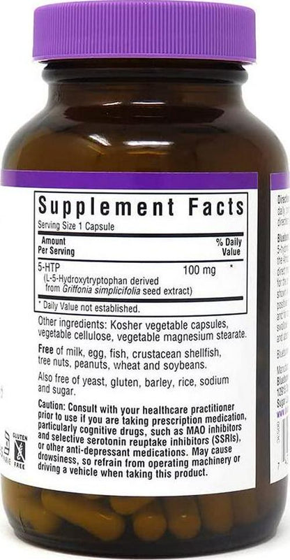 Bluebonnet Nutrition 5-HTP(Hydroxytrypophan) 100mg, for Neurotransmitter Support*, Supports Positive Mood*, Soy-Free, Gluten-Free, Non-GMO, Kosher Certified, Vegan, White,120 Vegetable Capsule