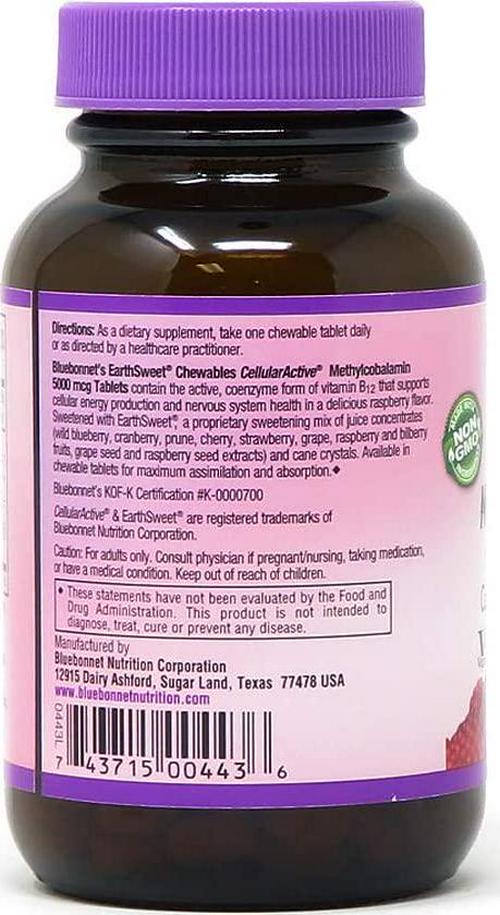 Bluebonnet Nutrition EarthSweet Methylcobalamin 5,000 mcg Active Coenzyme Form of Vitamin B12 Supports Energy Boost and Metabolism - Vegan, Gluten-Free - Raspberry Flavor - 60 Chewable Tablets