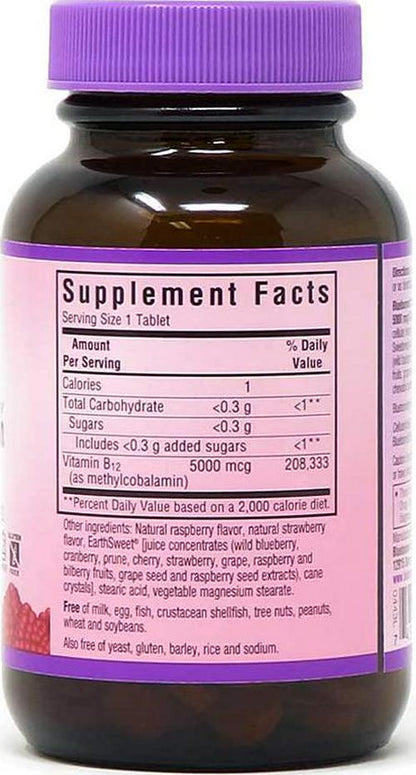 Bluebonnet Nutrition EarthSweet Methylcobalamin 5,000 mcg Active Coenzyme Form of Vitamin B12 Supports Energy Boost and Metabolism - Vegan, Gluten-Free - Raspberry Flavor - 60 Chewable Tablets