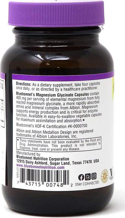 Bluebonnet Nutrition Magnesium Glycinate, Soy-Free, Gluten-Free, Non-GMO, Dairy-Free, Kosher Certified, Vegan, 60 Vegetable Capsules, 30 Servings