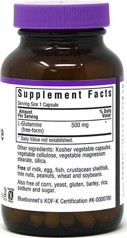 Bluebonnet Nutrition L-Glutamine 500mg, Supports Immune Function*, Nitrogen Transporter*, Soy-Free, Gluten-Free, Non-GMO, Kosher Certified, Vegan, 100 Vegetable Capsules, 100 Servings