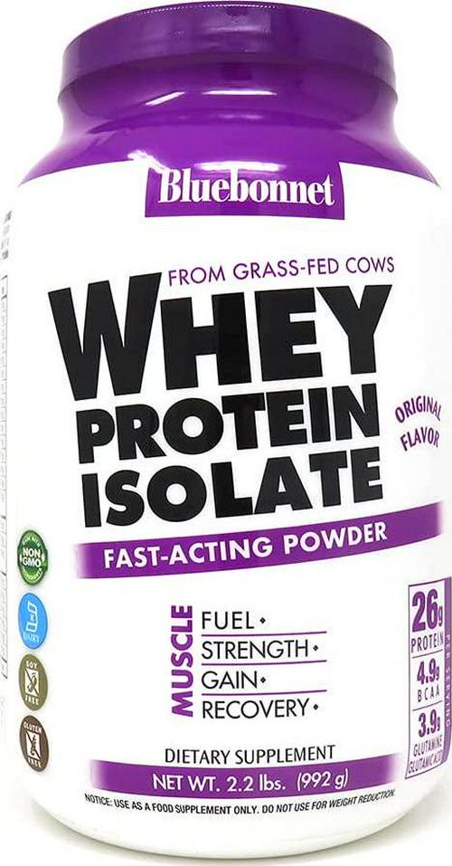 Bluebonnet Nutrition Whey Protein Isolate Powder, Whey from Grass Fed Cows, 26 Grams of Protein, No Sugar Added, Non GMO, Gluten Free, Soy Free, Kosher Dairy, 2.2 lbs, 32 Servings, Original Unflavored