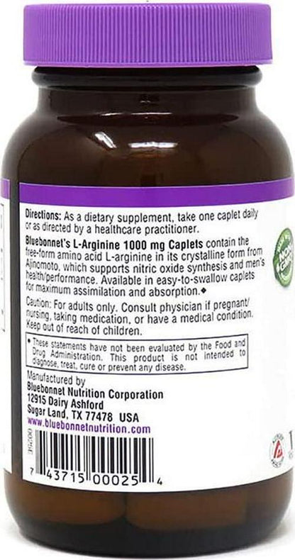 Bluebonnet Nutrition L-Arginine 1000mg, Free-Form Amino Acid, Nitric Oxide Precursor, Gluten-Free, Non-GMO, Kosher Certified, Vegan, 50 Caplets, 50 Servings