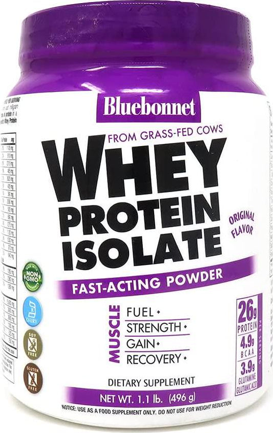 Bluebonnet Nutrition Whey Protein Isolate Powder from Grass Fed Cows, No Sugar Added, Non GMO, Gluten and Soy Free, Kosher Dairy, 17.6 Oz