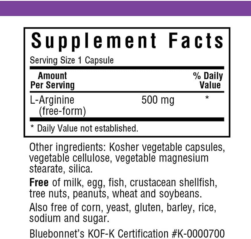 Bluebonnet Nutrition L-Arginine 500mg, Free-Form Amino Acid, Nitric Oxide Precursor, Soy-Free, Gluten-Free, Non-GMO, Kosher Certified, 50 Vegetable Capsules, 50 Servings