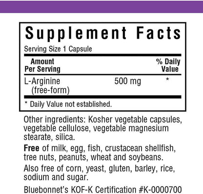 Bluebonnet Nutrition L-Arginine 500mg, Free-Form Amino Acid, Nitric Oxide Precursor, Soy-Free, Gluten-Free, Non-GMO, Kosher Certified, 50 Vegetable Capsules, 50 Servings