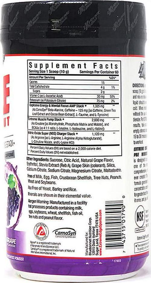 Bluebonnet Nutrition Extreme Edge Pre workout, Muscle Recharging Formula*, Increases Nitric Oxide (NO) levels*, Soy-Free, Dairy-Free, Grape, 1.32 LB, 60 Servings