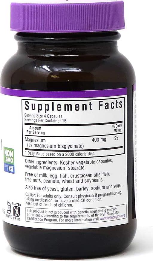 Bluebonnet Nutrition Magnesium Glycinate, Soy-Free, Gluten-Free, Non-GMO, Dairy-Free, Kosher Certified, Vegan, 60 Vegetable Capsules, 30 Servings