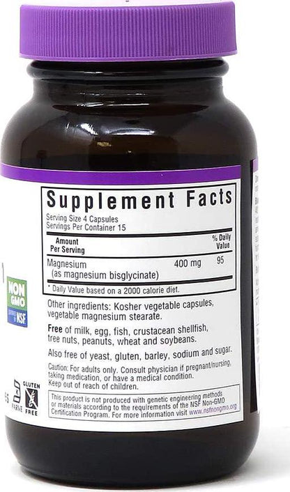 Bluebonnet Nutrition Magnesium Glycinate, Soy-Free, Gluten-Free, Non-GMO, Dairy-Free, Kosher Certified, Vegan, 60 Vegetable Capsules, 30 Servings