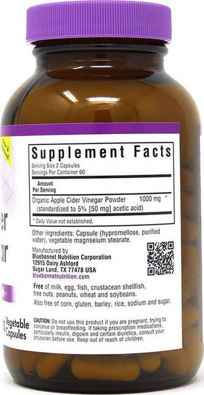 Bluebonnet Nutrition Apple Cider Vinegar, Soy-Free, Gluten-Free, Non-GMO, Dairy-Free, Kosher Certified, Vegan, 120 Vegetable Capsules, 60 Servings