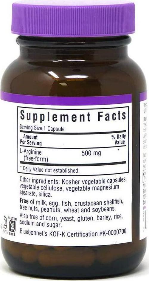 Bluebonnet Nutrition L-Arginine 500mg, Free-Form Amino Acid, Nitric Oxide Precursor, Soy-Free, Gluten-Free, Non-GMO, Kosher Certified, 50 Vegetable Capsules, 50 Servings