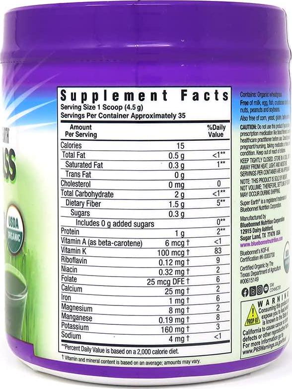 Bluebonnet Nutrition Super Earth Organic Wheatgrass, Green Powder Superfood, 5.6 Ounce