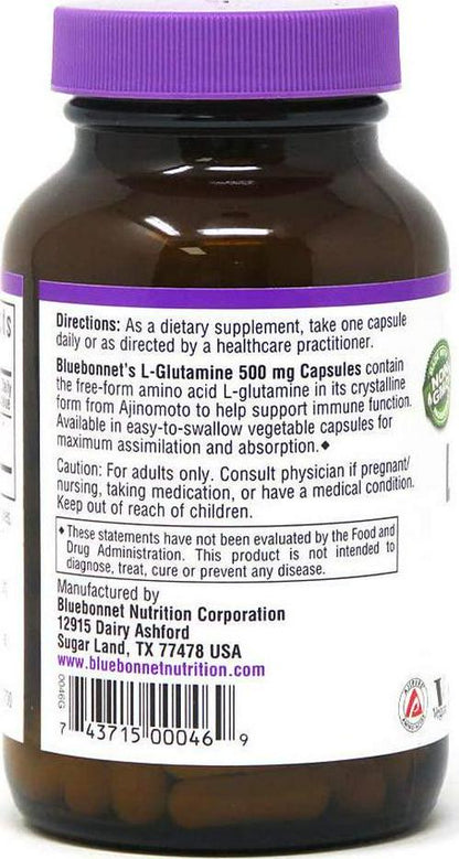 Bluebonnet Nutrition L-Glutamine 500mg, Supports Immune Function*, Nitrogen Transporter*, Soy-Free, Gluten-Free, Non-GMO, Kosher Certified, Vegan, 100 Vegetable Capsules, 100 Servings