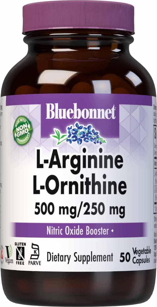 Bluebonnet Nutrition L-Arginine 500mg/L-Orinithine 250mg, Supports Protein Metabolism*, Soy-Free, Gluten-Free, Non-GMO, Kosher Certified, Vegan, 50 Vegetable Capsules, 50 Servings