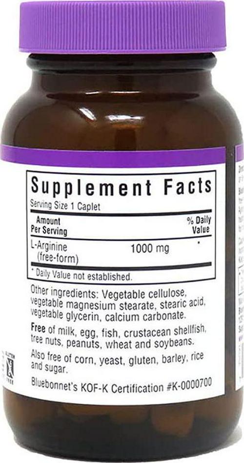 Bluebonnet Nutrition L-Arginine 1000mg, Free-Form Amino Acid, Nitric Oxide Precursor, Gluten-Free, Non-GMO, Kosher Certified, Vegan, 50 Caplets, 50 Servings