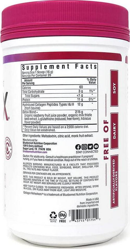 Bluebonnet Nutrition Collagen Refreshers Detox Powder, Keto and Paleo, Cleanse Support*, Soy-Free, Gluten-Free, Non-GMO, Grass-fed Cows, Pasture Raised, 11.29 oz, 20 Servings, Hibiscus Berry Flavor