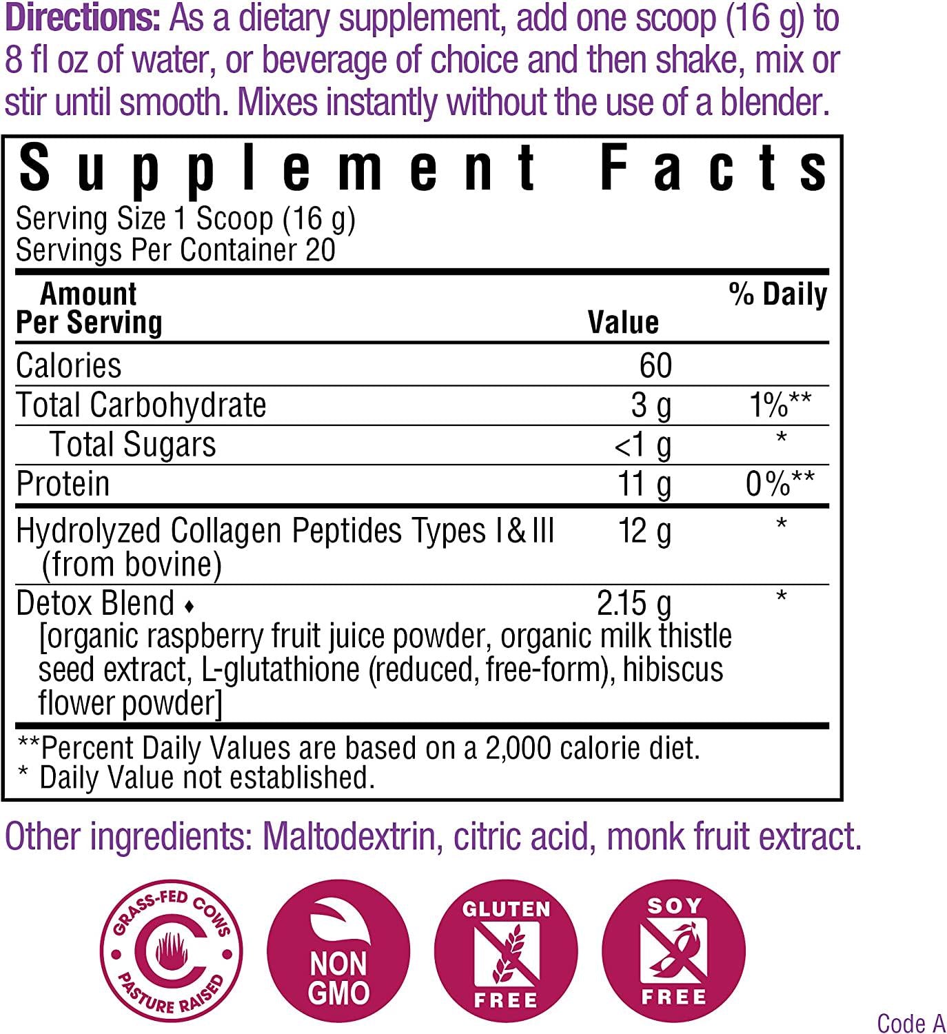 Bluebonnet Nutrition Collagen Refreshers Detox Powder, Keto and Paleo, Cleanse Support*, Soy-Free, Gluten-Free, Non-GMO, Grass-fed Cows, Pasture Raised, 11.29 oz, 20 Servings, Hibiscus Berry Flavor