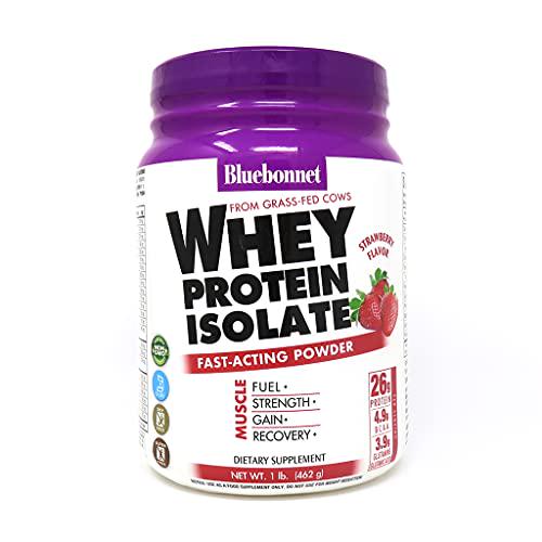 Bluebonnet Nutrition Whey Protein Isolate Powder From Grass Fed Cows, No Sugar Added, Non GMO, Gluten and Soy free, kosher Dairy, Strawberry Flavor, Light Pink, 16 Oz