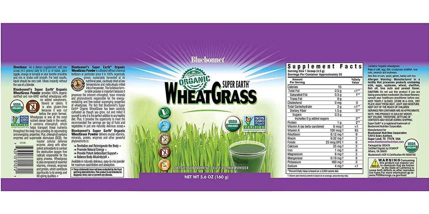 Bluebonnet Nutrition Super Earth Organic Wheatgrass, Green Powder Superfood, 5.6 Ounce