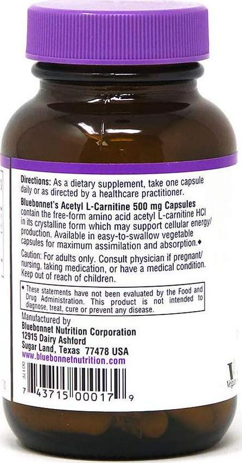 Bluebonnet Nutrition Acetyl L-Carnitine, Transports Fatty Acids, Boosts Cellular Energy, Soy and Gluten-Free, Kosher Certified, Vegan, 30 Vegetable Capsules, White, 500mg