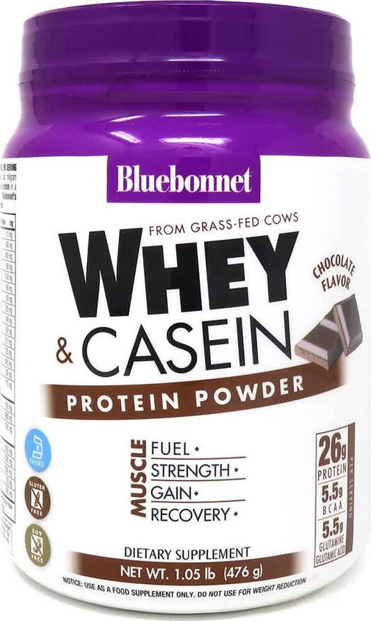 Bluebonnet Nutrition Whey and Casein Protein Powder, Whey from Grass Fed Cows, 26 Grams of Protein, No Sugar Added, Non GMO, Gluten Free, Soy Free, Kosher Dairy, 1.05 lbs, 14 Servings, Chocolate Flavor