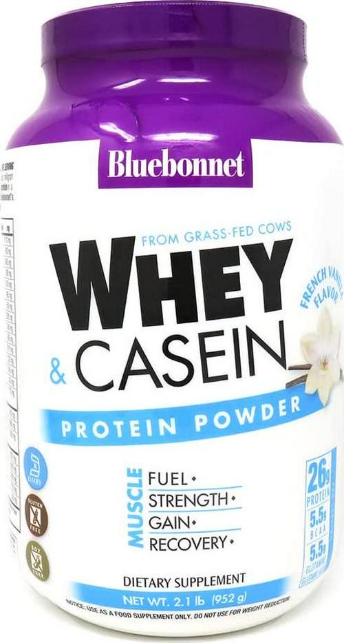 Bluebonnet Nutrition Whey and Casein Protein Powder, Whey from Grass Fed Cows, 26 Grams of Protein, No Sugar Added, Non GMO, Gluten Free, Soy Free, Kosher, 2.1 lbs, 28 Serving, French Vanilla Flavor