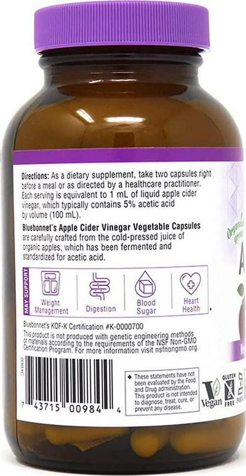 Bluebonnet Nutrition Apple Cider Vinegar, Soy-Free, Gluten-Free, Non-GMO, Dairy-Free, Kosher Certified, Vegan, 120 Vegetable Capsules, 60 Servings