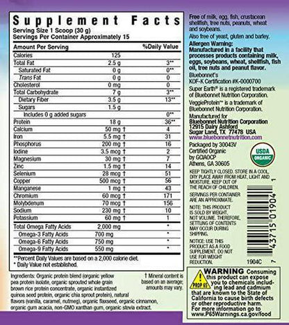 Bluebonnet Nutrition Super Earth Organic Veggie Protein Powder, Soy Free, Gluten Free, Kosher, Non-GMO, Vegan, USDA Organic, No Sugar Added, Vanilla Chai Flavor, 1 lb, 15 Servings