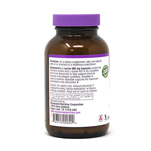 Bluebonnet Nutrition L-Lysine 500mg, for Healthy Immune Function, Supports Collagen Synthesis, Soy-Free, Gluten-Free, Non-GMO, Kosher Certified, Vegan, 100 Capsules