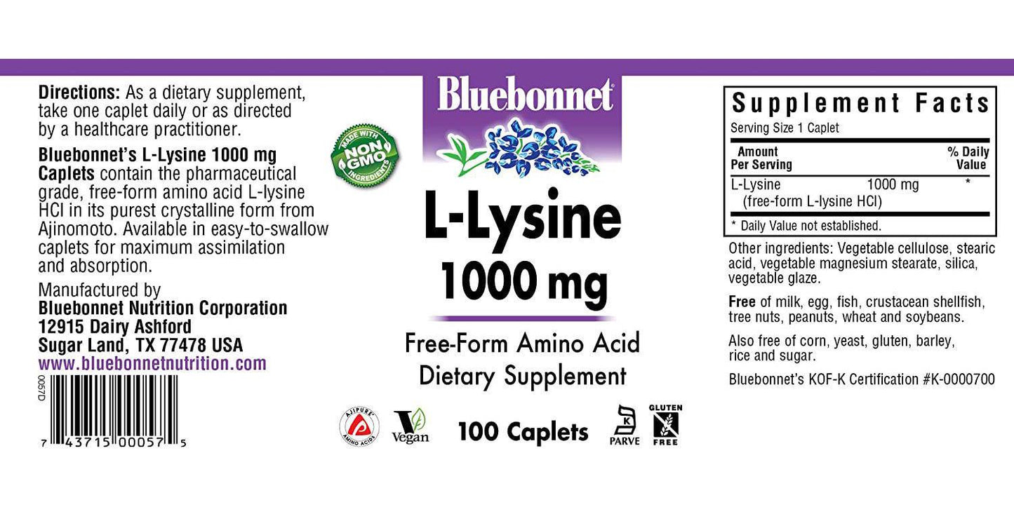 Bluebonnet Nutrition - L Lysine Free-Form Amino Acid 1000 mg. - 100 Vegetarian Caplet(s)