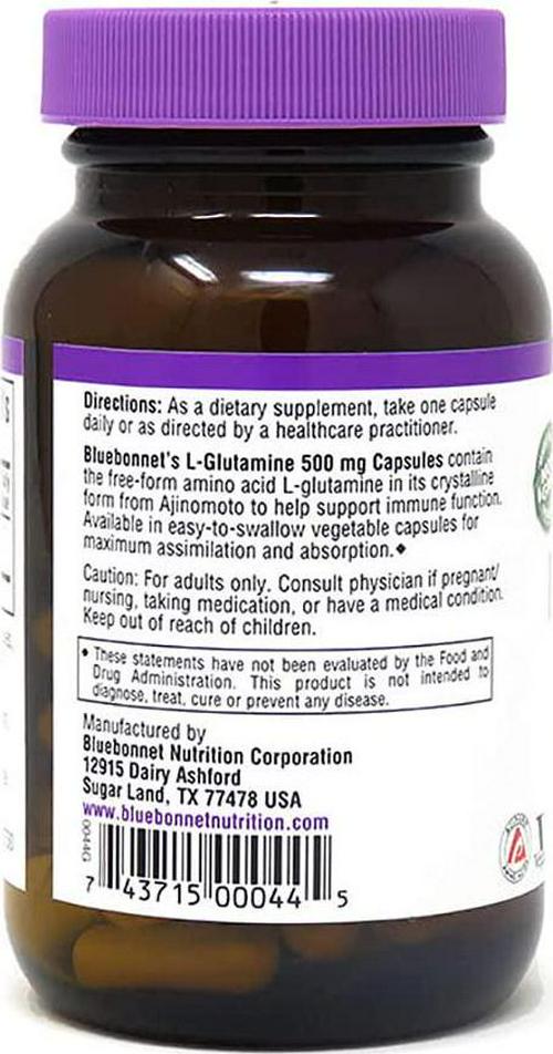 Bluebonnet Nutrition L-Glutamine 500mg, Supports Immune Function, Nitrogen Transporter, Soy and Gluten-Free, Non-GMO, Kosher Certified, Vegan, 50 Vegetable Capsules, White, 50 Count