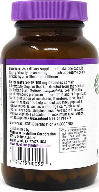 Bluebonnet Nutrition 5-HTP(Hydroxytrypophan) 100mg, for Neurotransmitter Support*, Supports Positive Mood*, Soy-Free, Gluten-Free, Non-GMO, Kosher Certified, Vegan, White,120 Vegetable Capsule