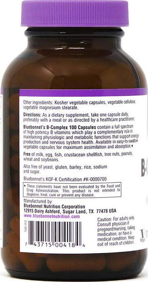 Bluebonnet Nutrition B Complex 100 Vegetable Capsules, Complete Full Spectrum, Vitamin B6, B12, Biotin, Folate, Vegan, Vegetarian, Gluten Free, Soy Free, Milk Free, Kosher, 100 Vegetable Capsules