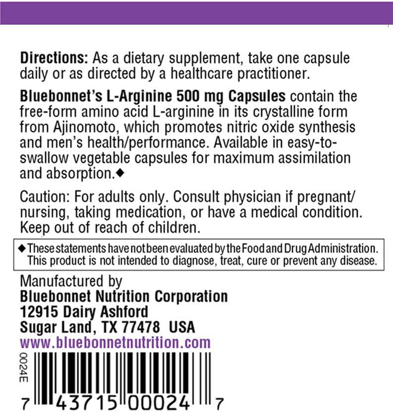 Bluebonnet Nutrition L-Arginine 500mg, Free-Form Amino Acid, Nitric Oxide Precursor, Soy-Free, Gluten-Free, Non-GMO, Kosher Certified, 50 Vegetable Capsules, 50 Servings