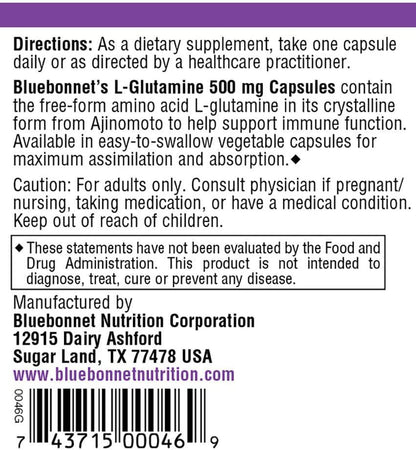 Bluebonnet Nutrition L-Glutamine 500mg, Supports Immune Function*, Nitrogen Transporter*, Soy-Free, Gluten-Free, Non-GMO, Kosher Certified, Vegan, 100 Vegetable Capsules, 100 Servings