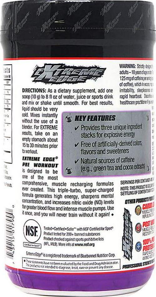 Bluebonnet Nutrition Extreme Edge Pre workout, Muscle Recharging Formula*, Increases Nitric Oxide (NO) levels*, Soy-Free, Dairy-Free, Grape, 1.32 LB, 60 Servings