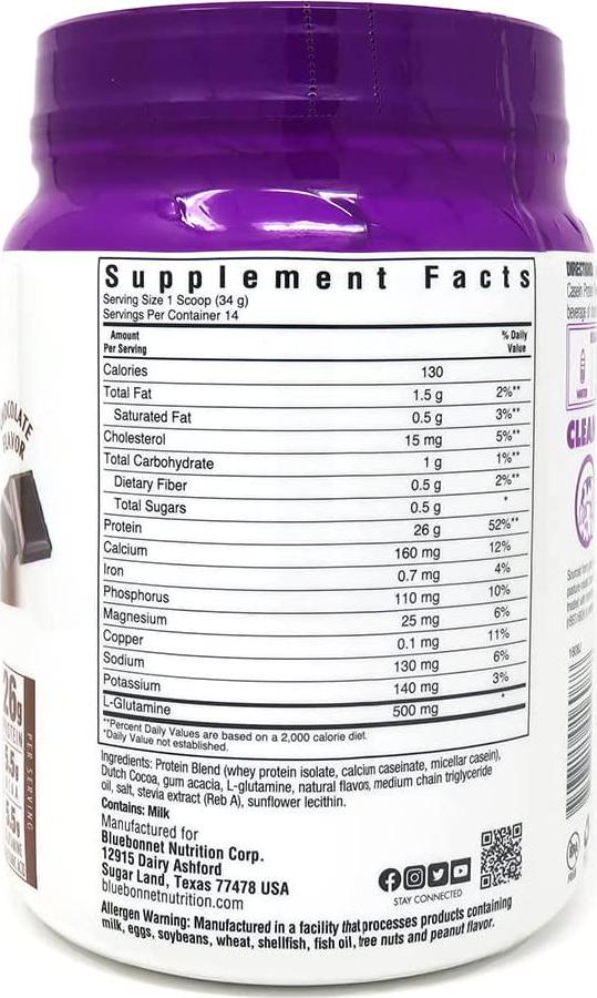 Bluebonnet Nutrition Whey and Casein Protein Powder, Whey from Grass Fed Cows, 26 Grams of Protein, No Sugar Added, Non GMO, Gluten Free, Soy Free, Kosher Dairy, 1.05 lbs, 14 Servings, Chocolate Flavor