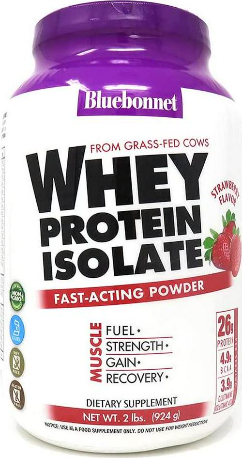 Bluebonnet Nutrition Whey Protein Isolate Powder, Whey From Grass Fed Cows, 26g of Protein, No Sugar Added, Non GMO, Gluten Free, Soy free, kosher Dairy, 2 Lbs, 28 Servings, Strawberry Flavor