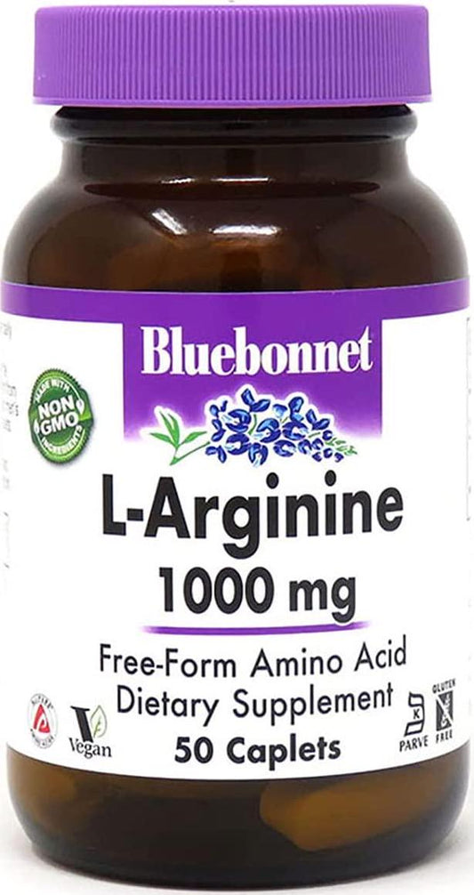 Bluebonnet Nutrition L-Arginine 1000mg, Free-Form Amino Acid, Nitric Oxide Precursor, Gluten-Free, Non-GMO, Kosher Certified, Vegan, 50 Caplets, 50 Servings