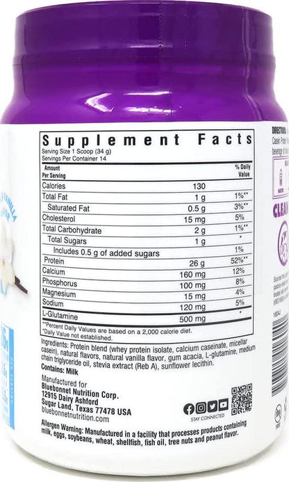 Bluebonnet Nutrition Dual-Action Protein Powder, Whey from Grass Fed Cows, No Sugar Added, Non GMO, Gluten and Soy Free, Kosher Dairy, French Vanilla Flavor, Off-white, 16.8 Oz