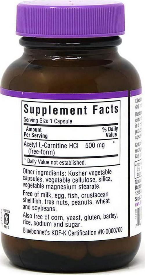 Bluebonnet Nutrition Acetyl L-Carnitine, Transports Fatty Acids, Boosts Cellular Energy, Soy and Gluten-Free, Kosher Certified, Vegan, 30 Vegetable Capsules, White, 500mg