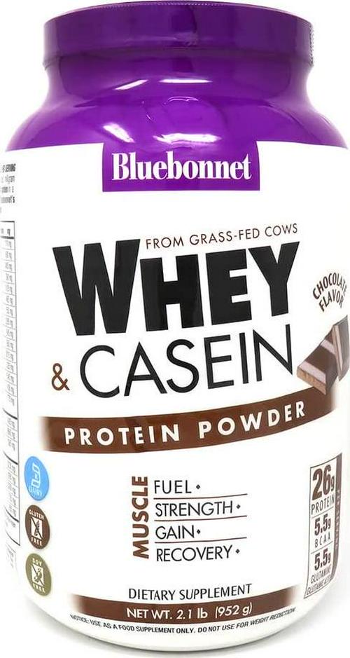 Bluebonnet Nutrition Whey and Casein Protein Powder, Whey from Grass Fed Cows, 26 Grams of Protein, No Sugar Added, Non GMO, Gluten Free, Soy Free, Kosher Dairy, 2.1 lbs, 28 Servings, Chocolate Flavor