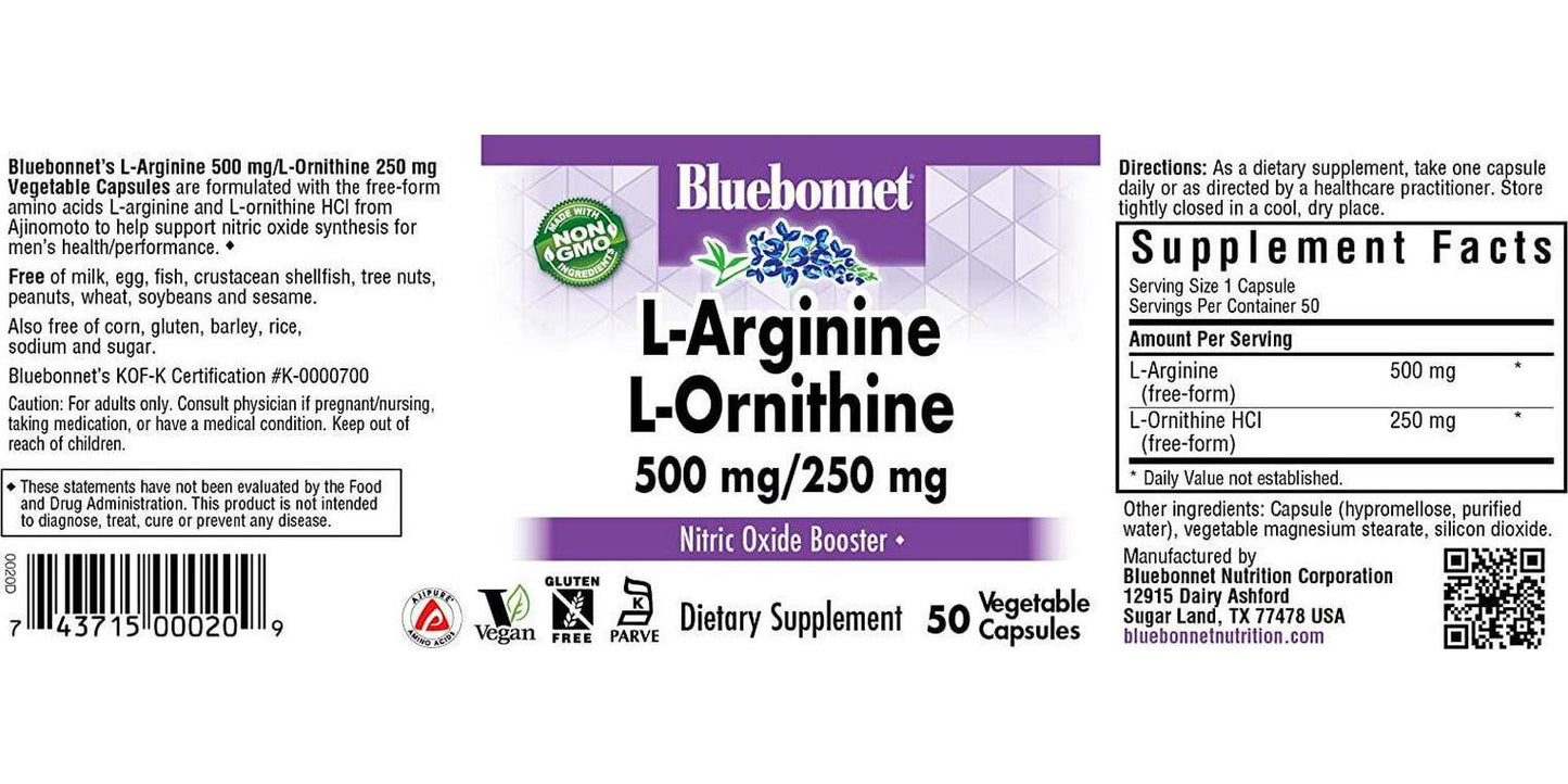 Bluebonnet Nutrition L-Arginine 500mg/L-Orinithine 250mg, Supports Protein Metabolism*, Soy-Free, Gluten-Free, Non-GMO, Kosher Certified, Vegan, 50 Vegetable Capsules, 50 Servings